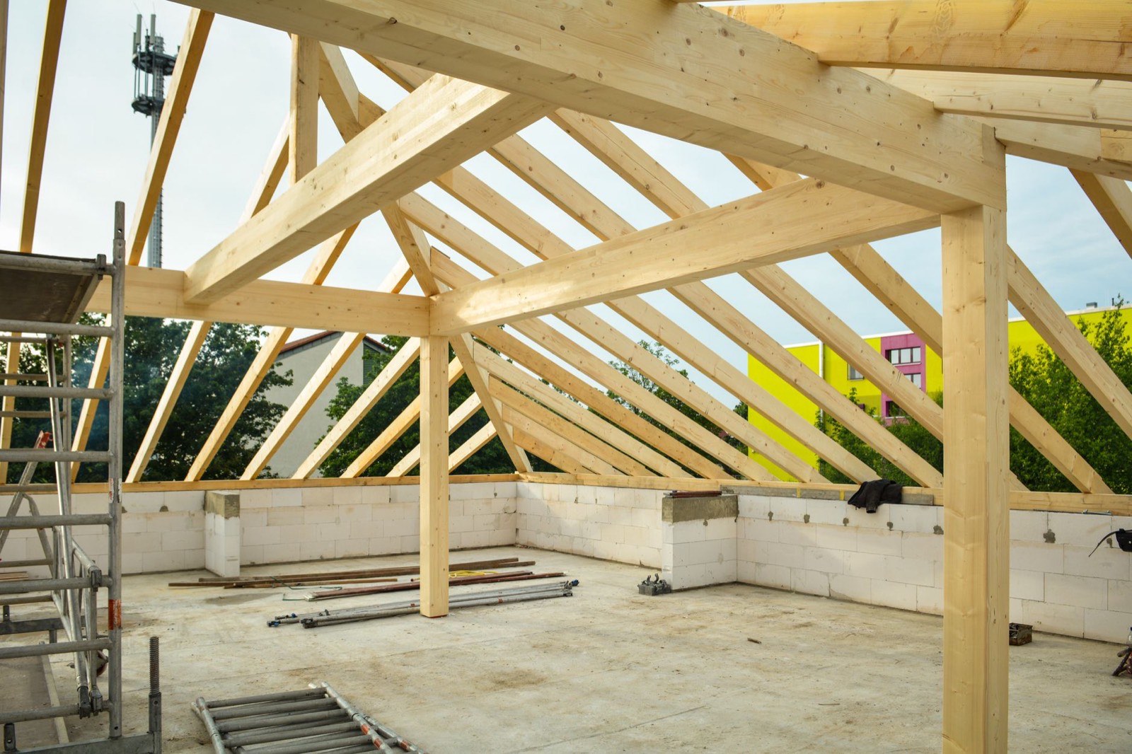 Timber framing on a construction site